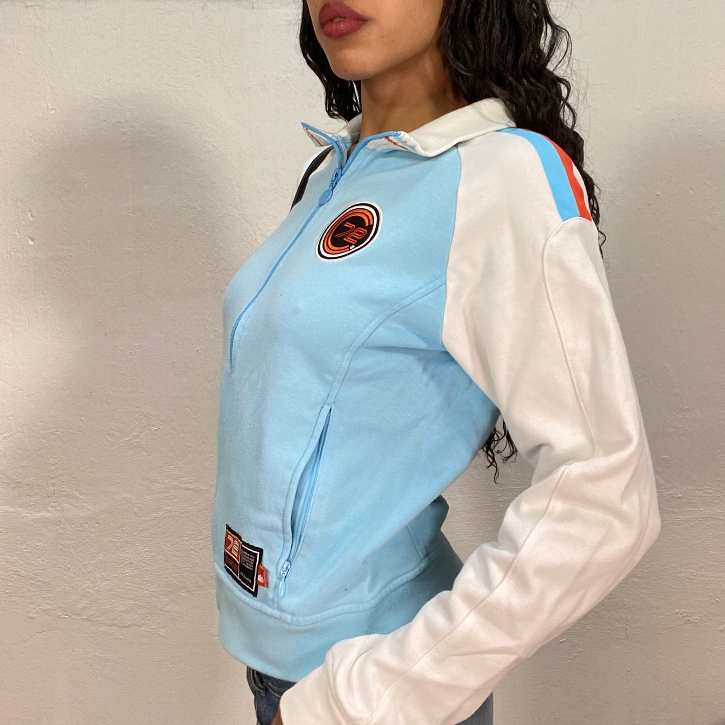 Vintage 2000's Nike Baby Blue and White Zip Up Sweater with Patches (M)