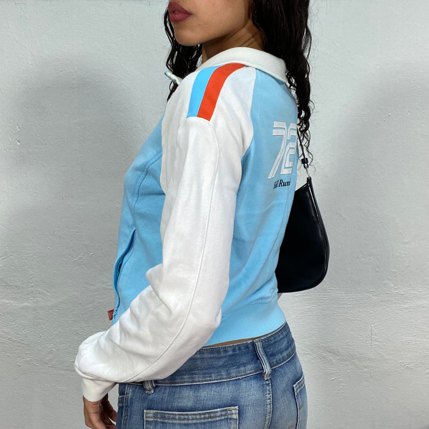 Vintage 2000's Nike Baby Blue and White Zip Up Sweater with Patches (M)