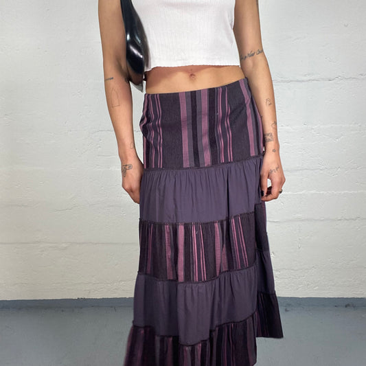 Vintage 2000's Downtown Girl Purple Striped Layered Ruffled Maxi Skirt (M)