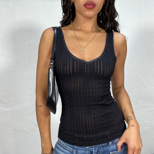 Vintage 90's Model Off Duty Black Top with Vertical Mesh Lines Detail (S)