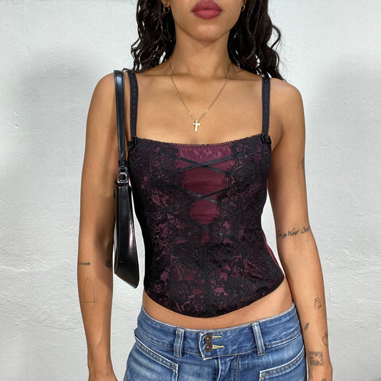 Vintage 90's Whimsigoth Burgundy Corset Top with Black Floral Lace Detail (S)