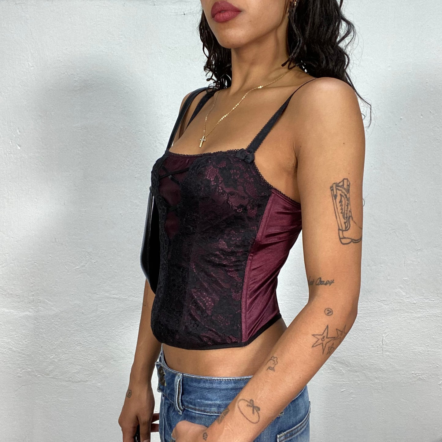 Vintage 90's Whimsigoth Burgundy Corset Top with Black Floral Lace Detail (S)