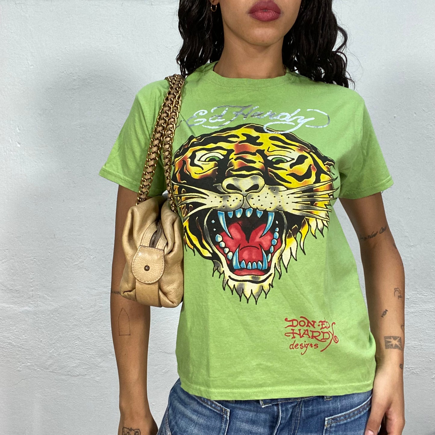 Vintage 2000's Ed Hardy Downtown Girl Green Top with Tiger Tattoo Print (M)