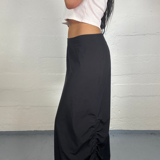 Vintage 2000's Hip-Hop Girl Black Nylon Low Rise Maxi Skirt with Side Ribbon Line (S)
