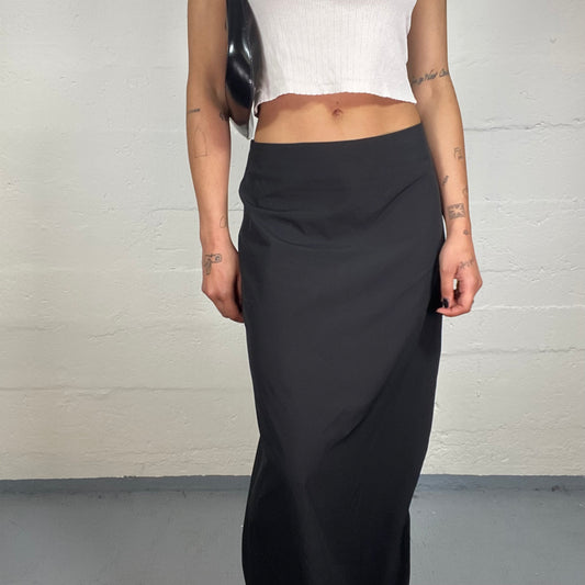 Vintage 2000's Hip-Hop Girl Black Nylon Low Rise Maxi Skirt with Side Ribbon Line (S)