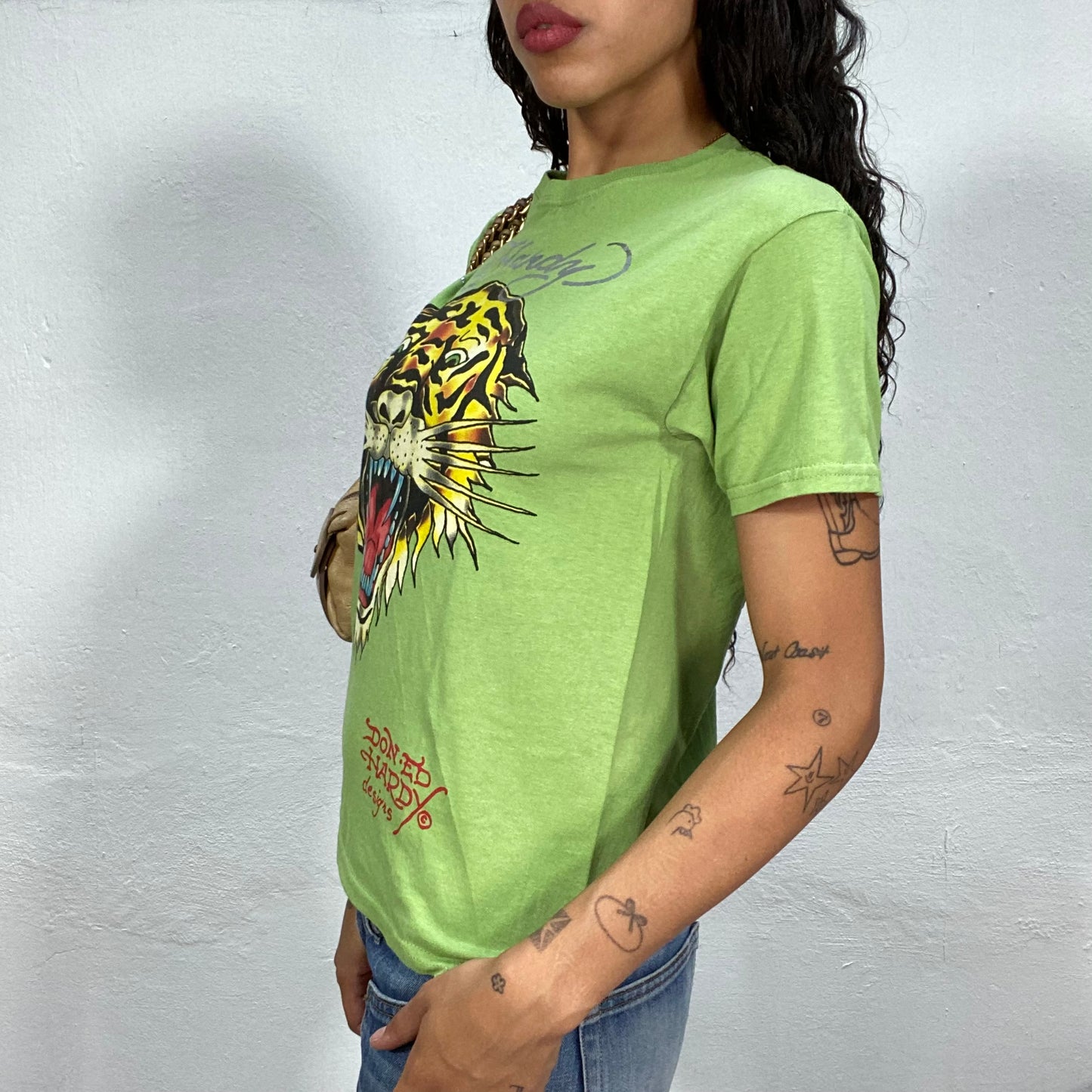 Vintage 2000's Ed Hardy Downtown Girl Green Top with Tiger Tattoo Print (M)