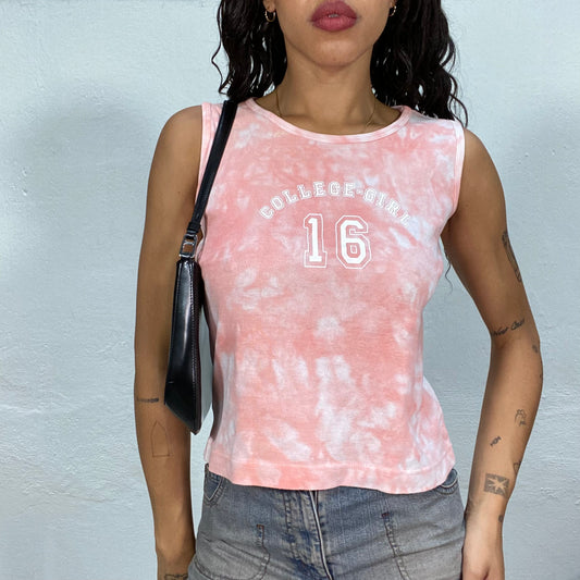 Vintage 2000's Sporty Girl Salmon Top with Tie Dye Effect and "College Girl 16" Print (S)