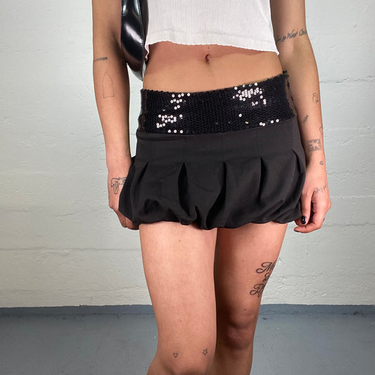 Vintage 2000's Clubwear Black Micro Balloon Fit Skirt with Sequin Waist Band (S)