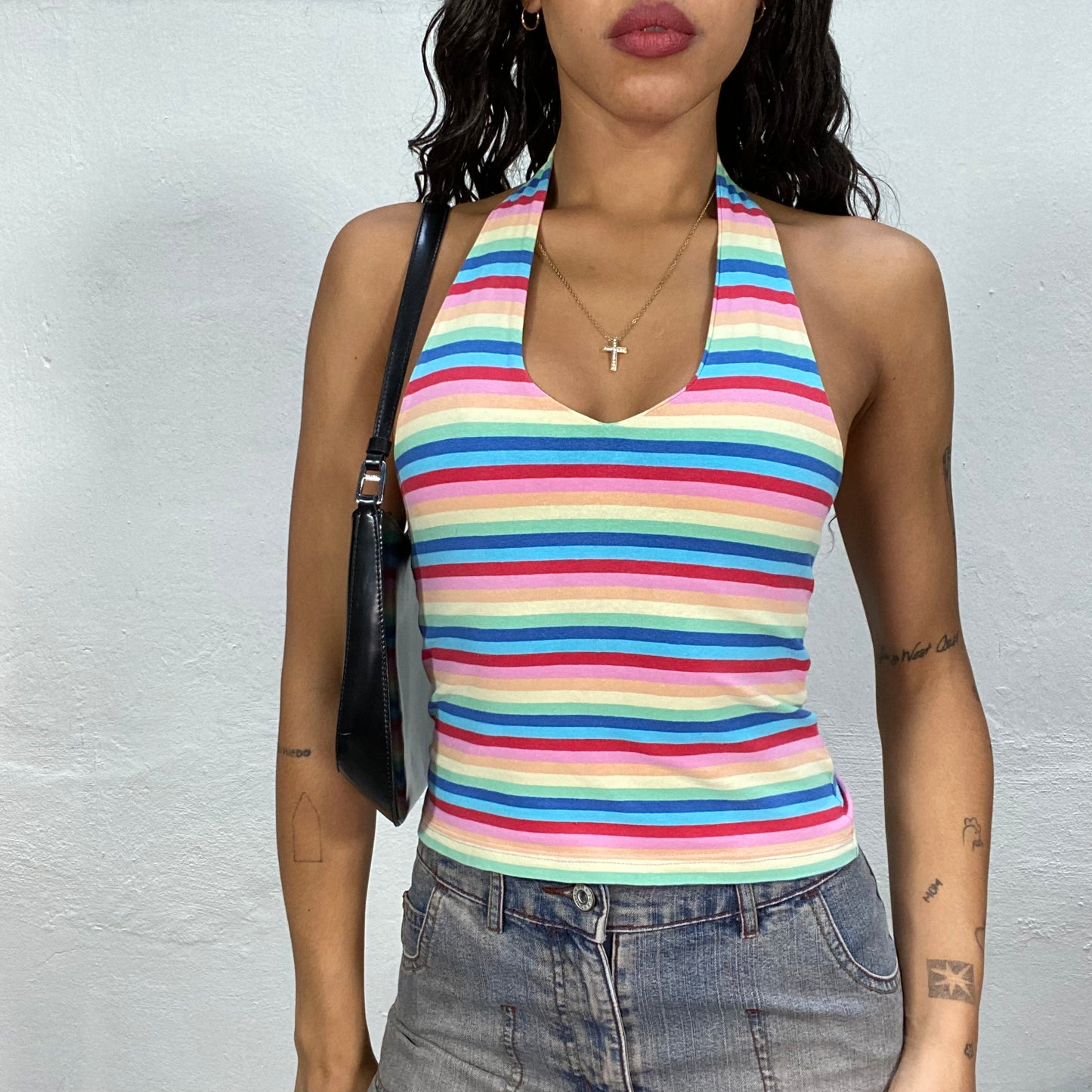 Vintage 2000's Summer Multicolor Neckholder Top with Striped Print (S/M)