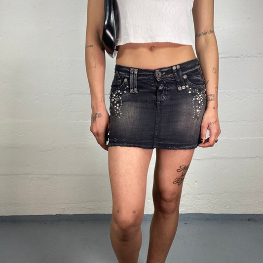 Vintage 2000's Downtown Girl Black Washed Out Denim Mini Skirt with Studs (XS)