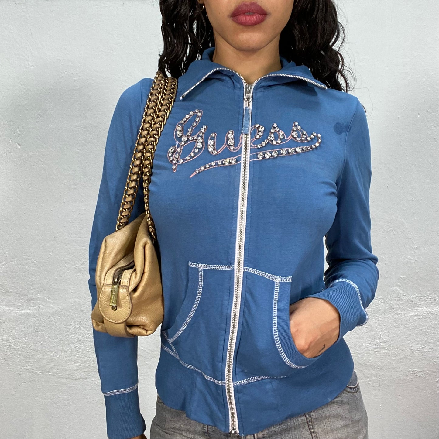 Vintage 2000's Guess Washed Blue Zip Up Sweater with Rhinestone Logo (S/M)