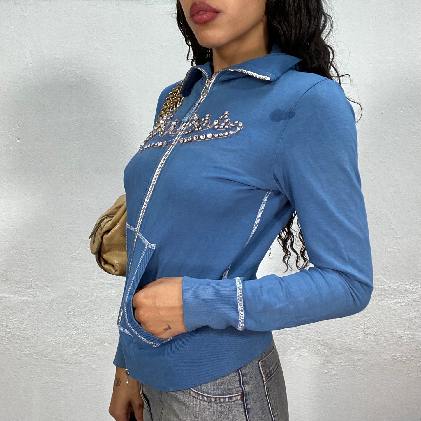 Vintage 2000's Guess Washed Blue Zip Up Sweater with Rhinestone Logo (S/M)