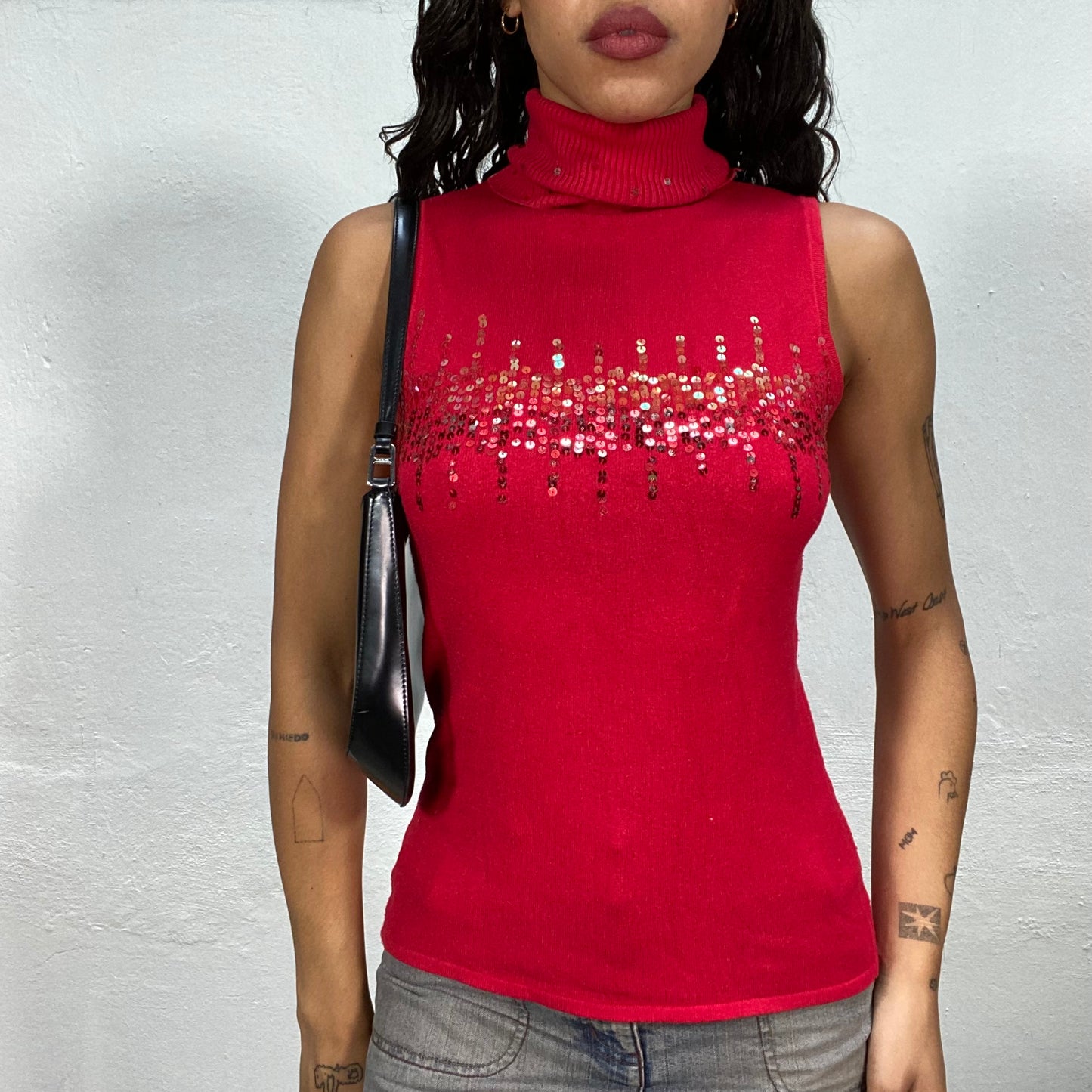 Vintage 90's Clubwear Red Turtleneck Top with Sequin Detail (S/M)