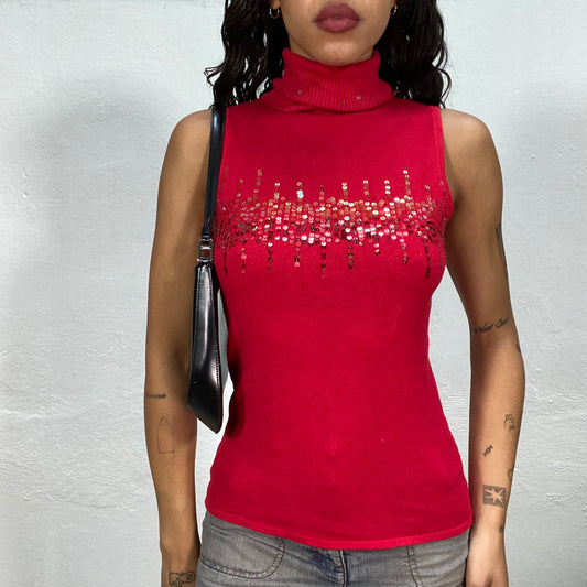 Vintage 90's Clubwear Red Turtleneck Top with Sequin Detail (S/M)