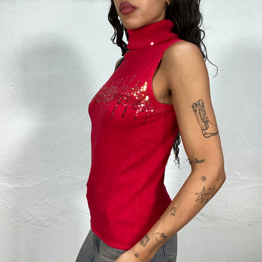 Vintage 90's Clubwear Red Turtleneck Top with Sequin Detail (S/M)