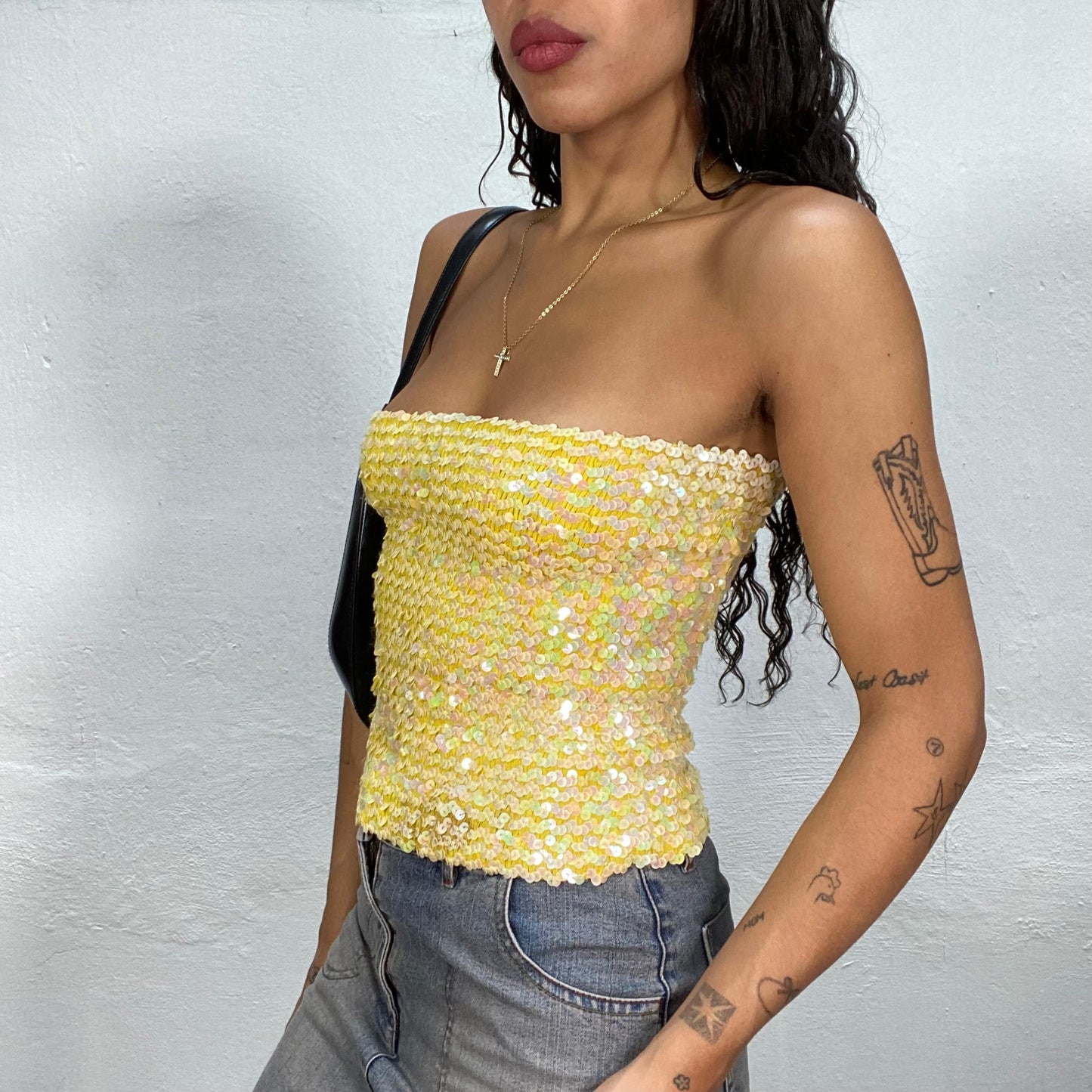 Vintage 90's Clubwear Yellow Tube Top with Sequins (S)