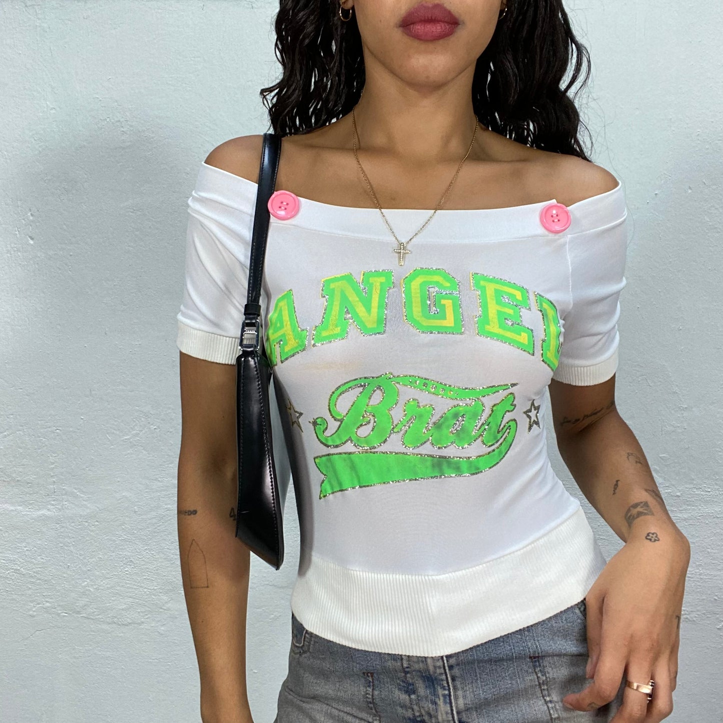 Vintage 2000's Funky White Off Shoulder Top with Neon "Angel Brat" Print (S/M)