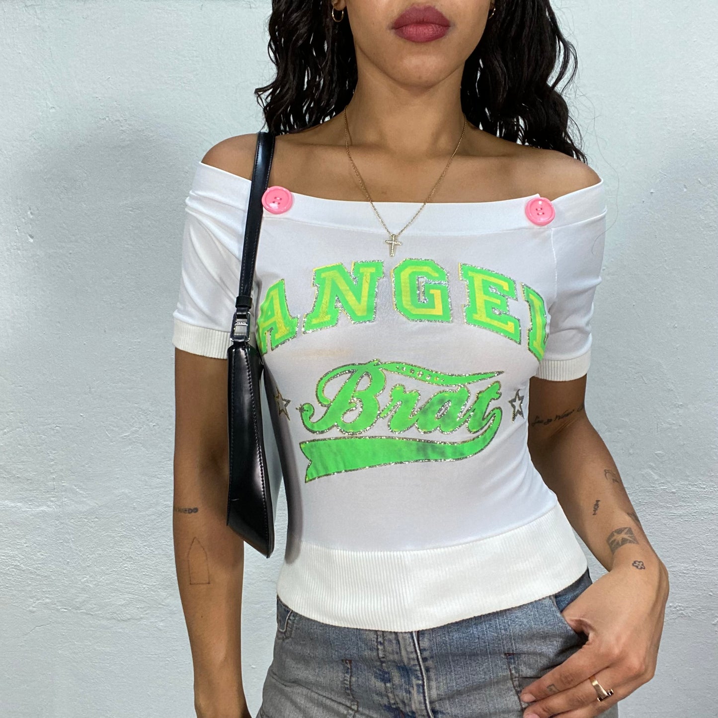 Vintage 2000's Funky White Off Shoulder Top with Neon "Angel Brat" Print (S/M)