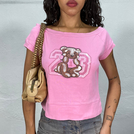 Vintage 90's Cute Pink Top with Teddy Bear 23 Print (S/M)