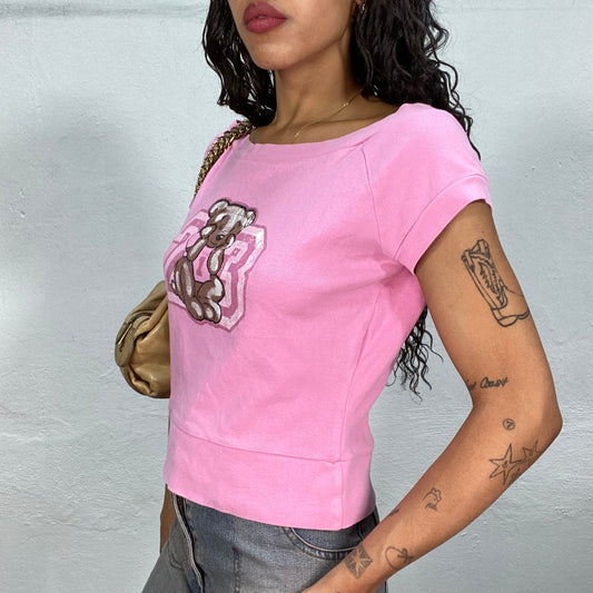 Vintage 90's Cute Pink Top with Teddy Bear 23 Print (S/M)