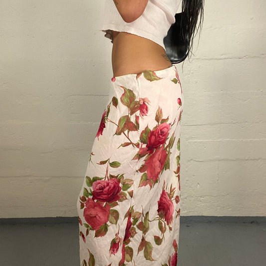 Vintage 2000's Romantic Summer White Light Chiffon Maxi Skirt with Pink Toned Roses Print (M)