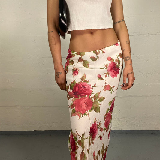 Vintage 2000's Romantic Summer White Light Chiffon Maxi Skirt with Pink Toned Roses Print (M)