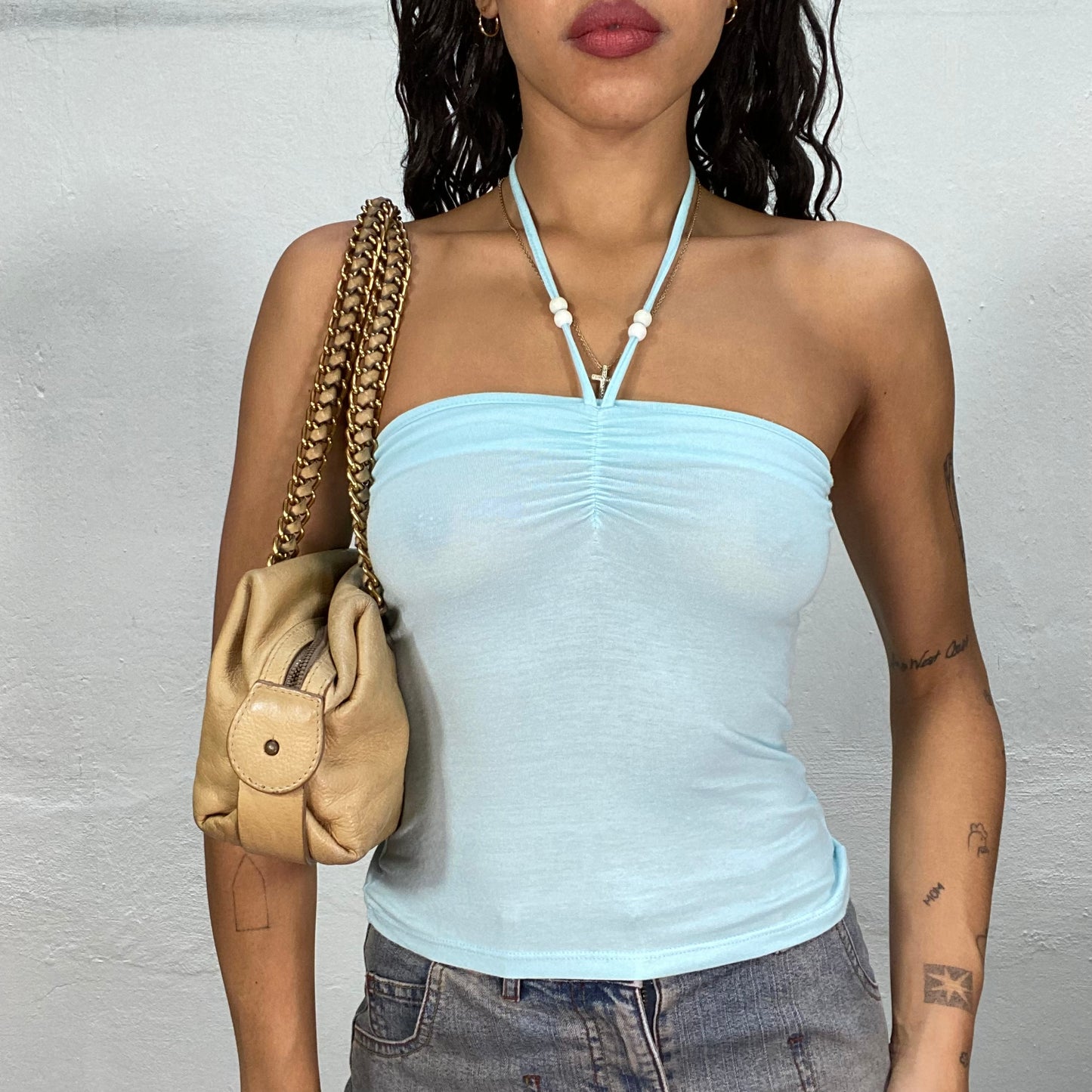 Vintage 2000's Summer Soft Blue Neckholder Top with White Beaded Straps (S)