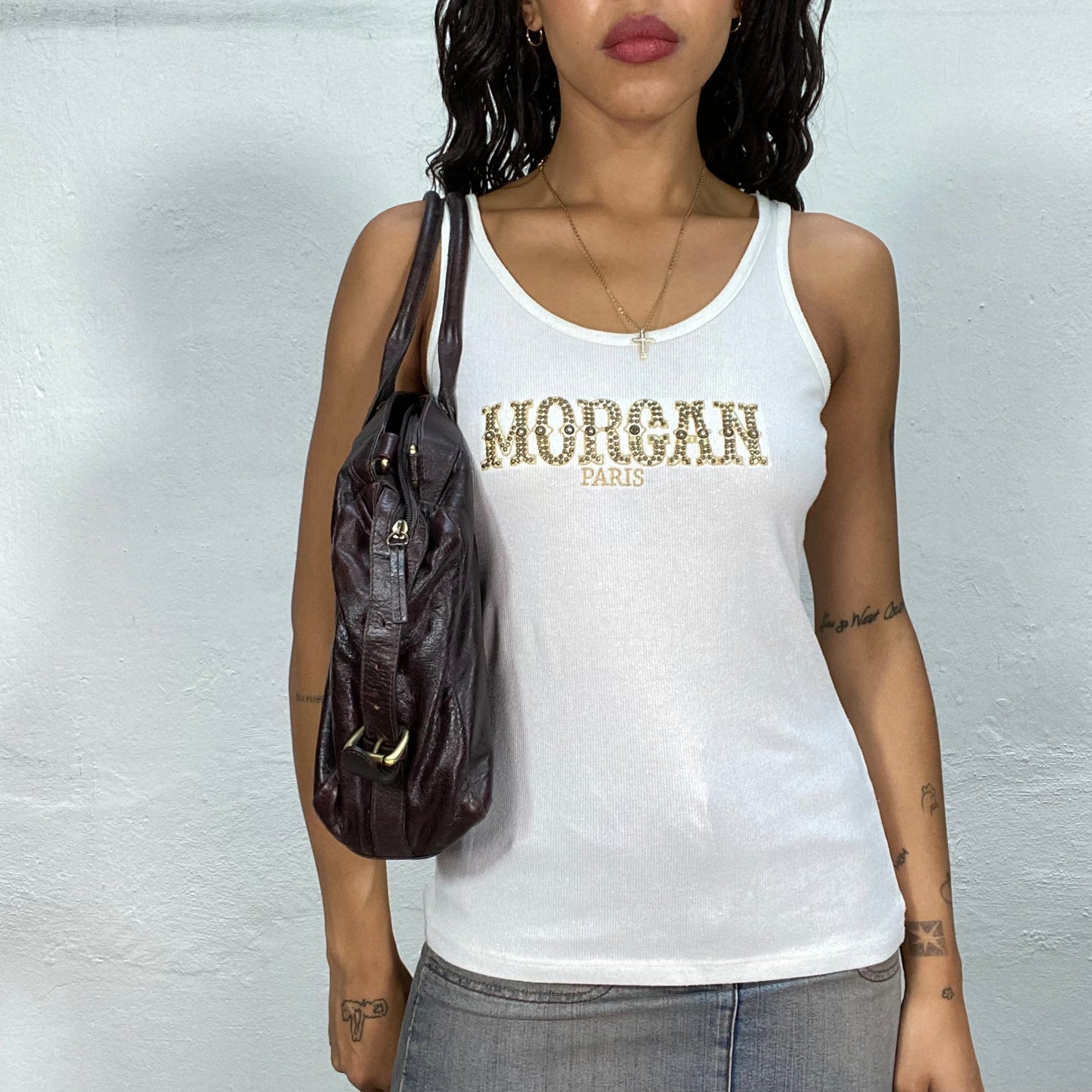 Vintage 90's Morgan White Top with Gold Rhinestone Logo Detail (S)