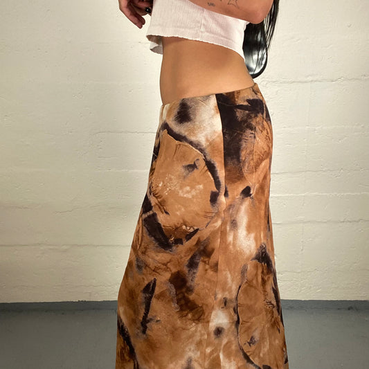 Vintage 2000's Downtown Girl Summer Brown and Black Toned Chiffon Maxi Skirt with Abstract Painting Print (L)