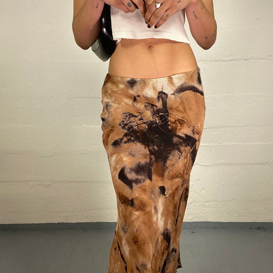 Vintage 2000's Downtown Girl Summer Brown and Black Toned Chiffon Maxi Skirt with Abstract Painting Print (L)