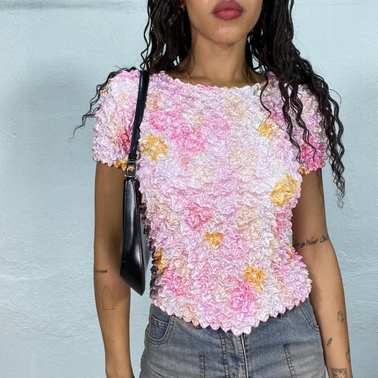 Vintage 2000's Funky Baby Pink Popcorn Top with Tie Dye Print (S/M/L)