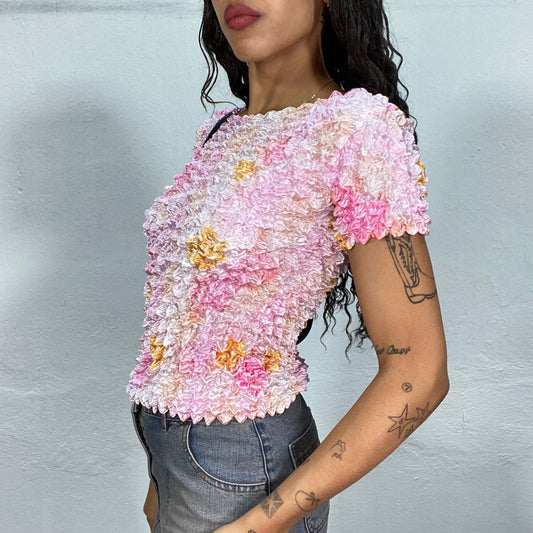 Vintage 2000's Funky Baby Pink Popcorn Top with Tie Dye Print (S/M/L)