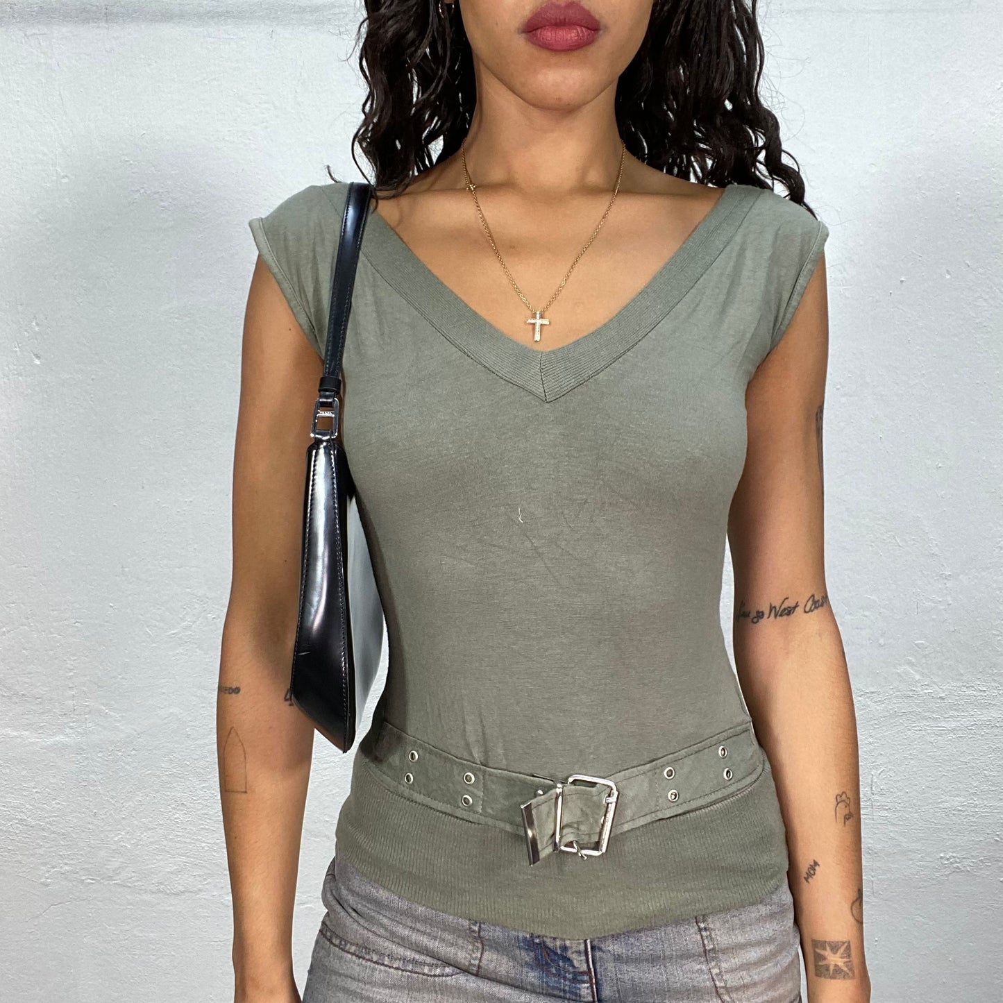 Vintage 90's Grunge Khaki Top with Belt Detail (S/M)