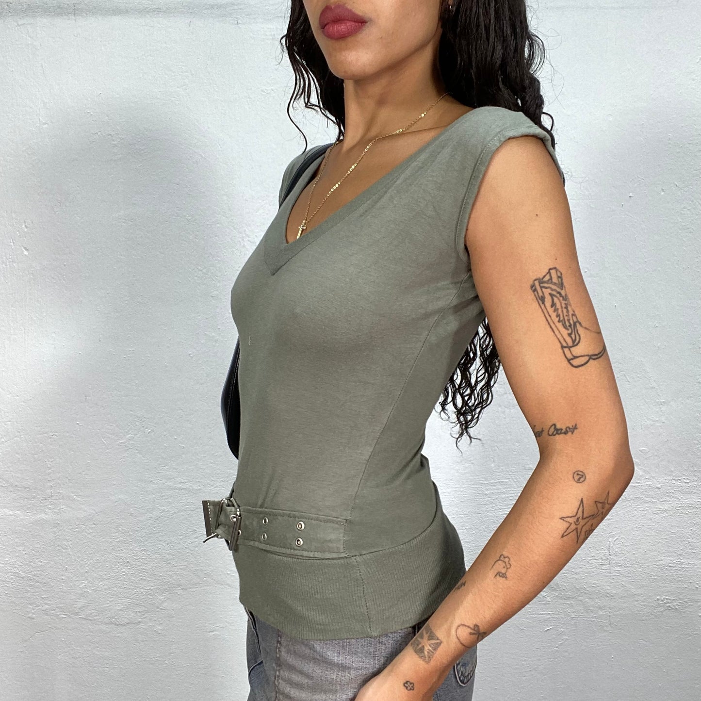 Vintage 90's Grunge Khaki Top with Belt Detail (S/M)