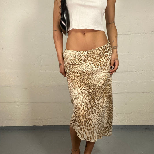 Vintage 2000's Cheetah Girl Brown and Beige Toned Layered Midi Skirt with Leo Print (L)