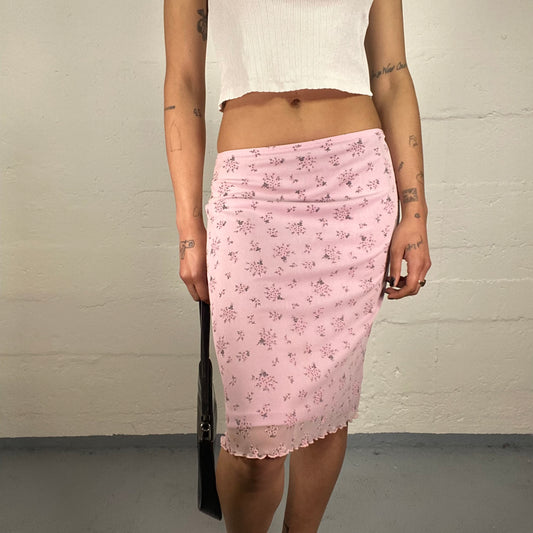 Vintage 2000's Soft Girl Baby Pink Chiffon Knee Length Minimalistic Floral Print Skirt (M)