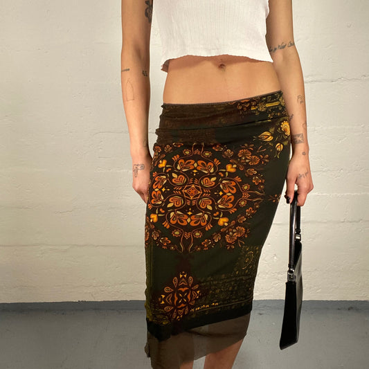 Vintage 2000's Boho Girl Chiffon Layered Midi Skirt with Orange Boho Style Print (S)