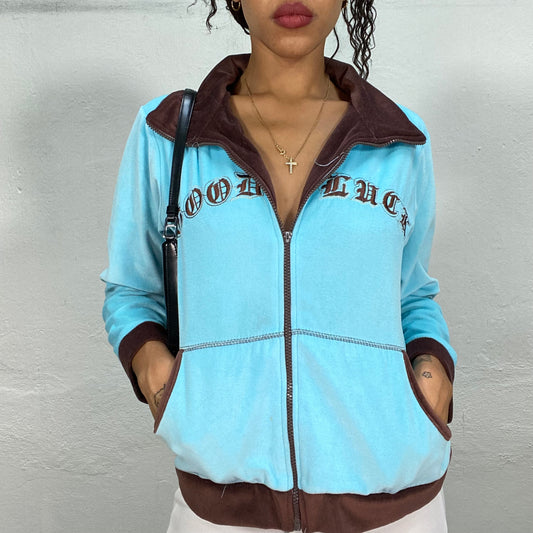 Vintage 2000's Downtown Girl Aqua Blue Zip Up Sweater with Brown Embroidery (M/L)