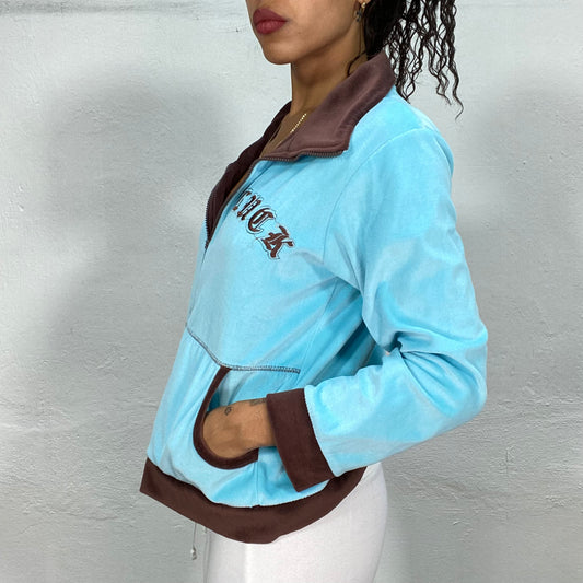 Vintage 2000's Downtown Girl Aqua Blue Zip Up Sweater with Brown Embroidery (M/L)