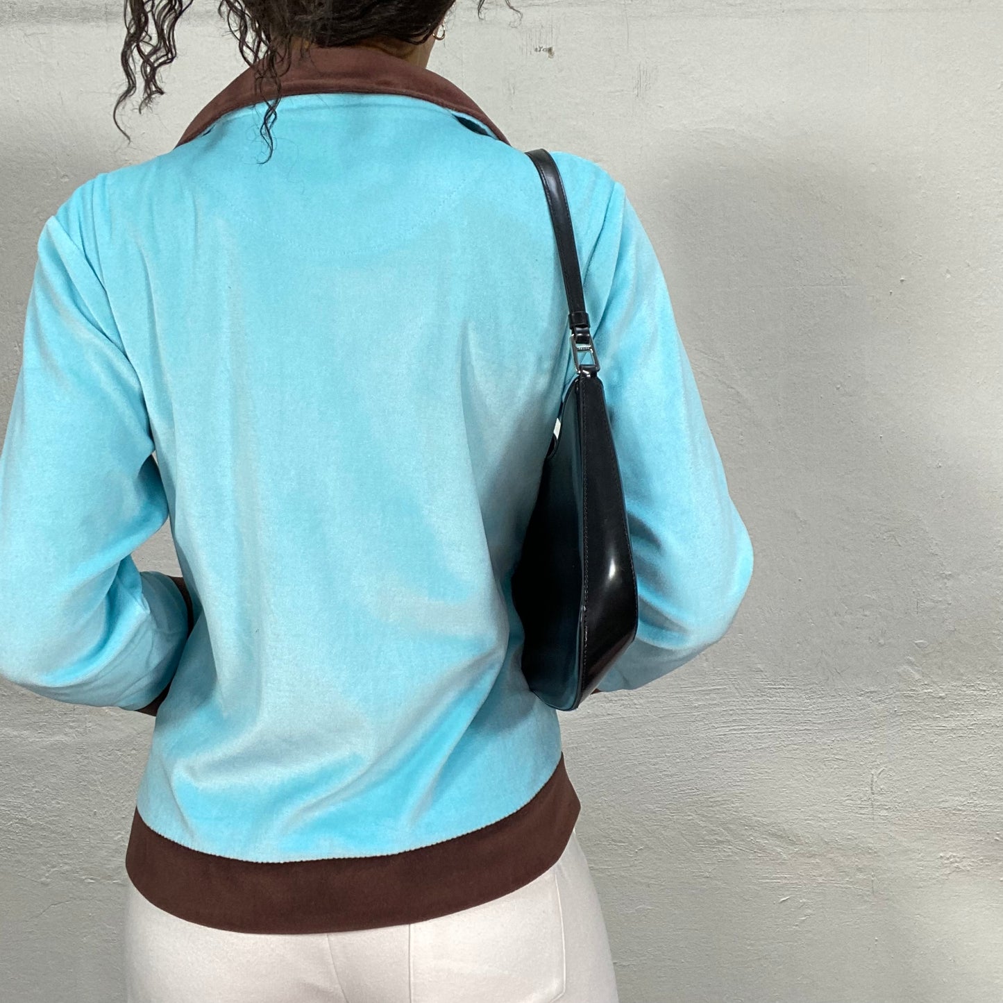 Vintage 2000's Downtown Girl Aqua Blue Zip Up Sweater with Brown Embroidery (M/L)