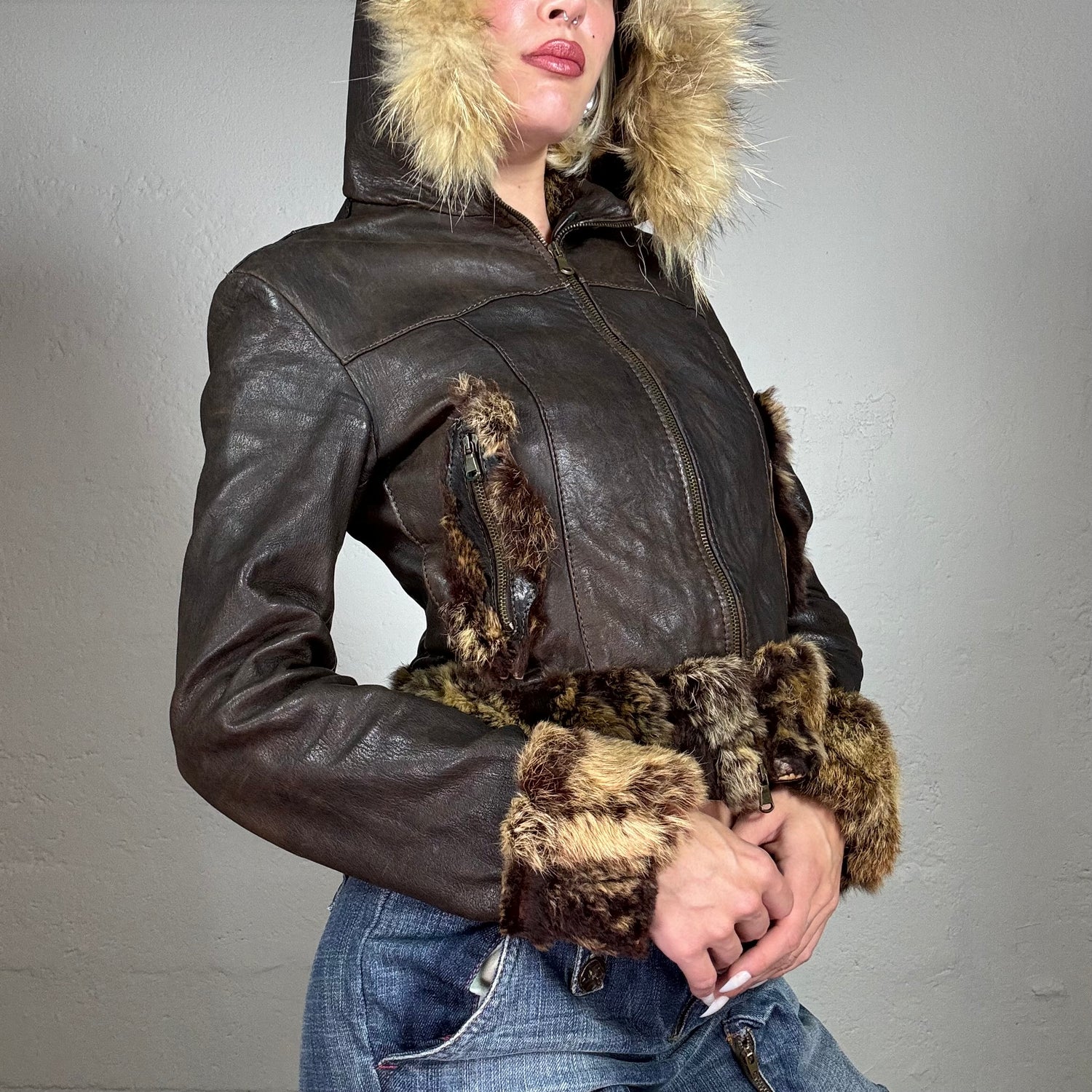 Fur trim leather jacket shops brown