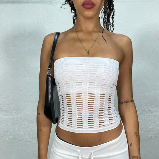 Vintage 2000's Rave White Tube Top with Cut Out Effect (S)