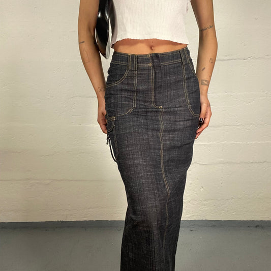 Vintage 2000's Office Girl Black Denim Pencil Fit Maxi Skirt with Pocket Detail (S)