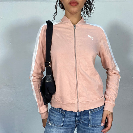 Vintage 2000's Puma Baby Pink Zip-Up Sweater with White Logo and Trim Detail (S/M)