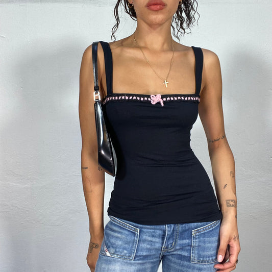 Vintage 2000's Romantic Black Top with Delicate Pink Wool Trim Bow (S)