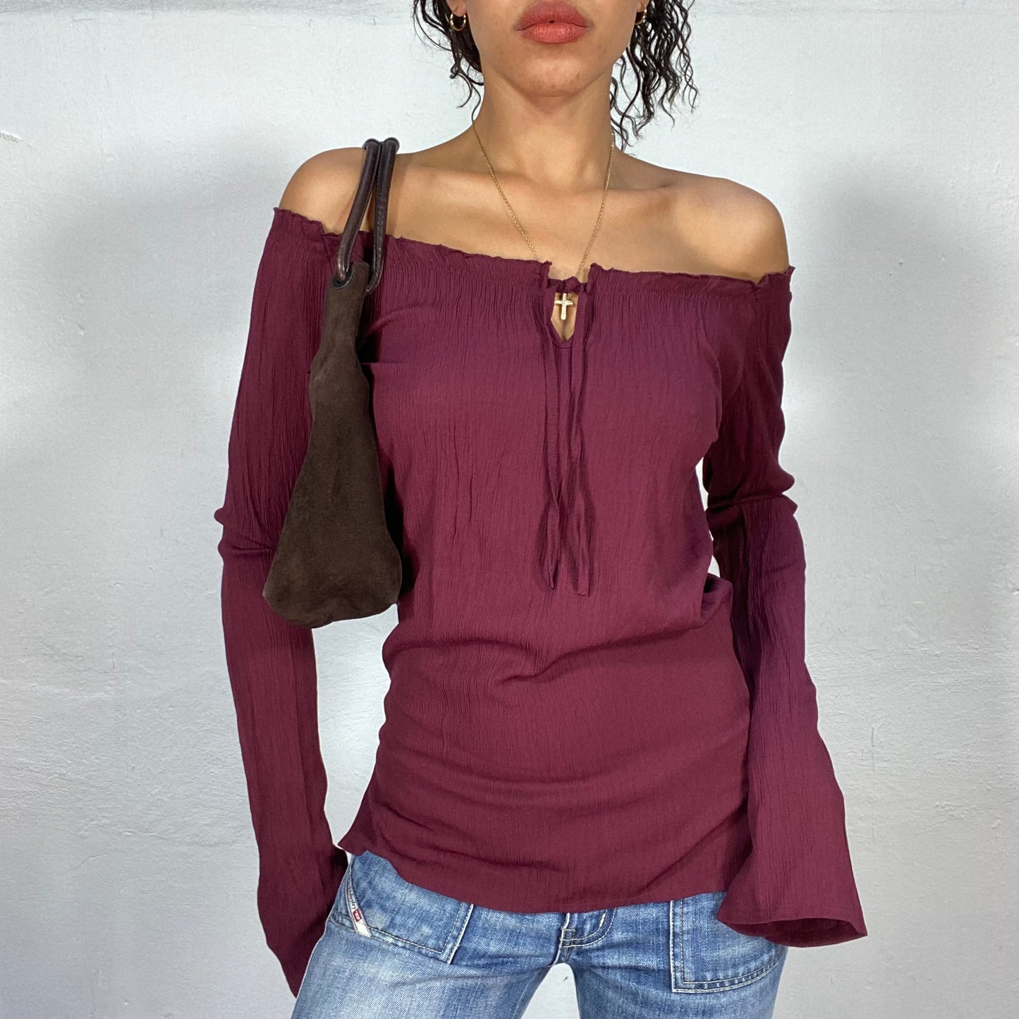 Vintage 2000's Vampy Wine Red Off-the-Shoulder Blouse with Elegant Lace-Up Closure (S/M)