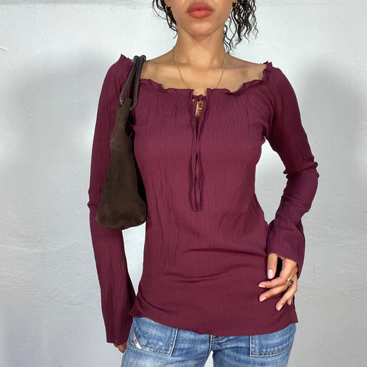 Vintage 2000's Vampy Wine Red Off-the-Shoulder Blouse with Elegant Lace-Up Closure (S/M)