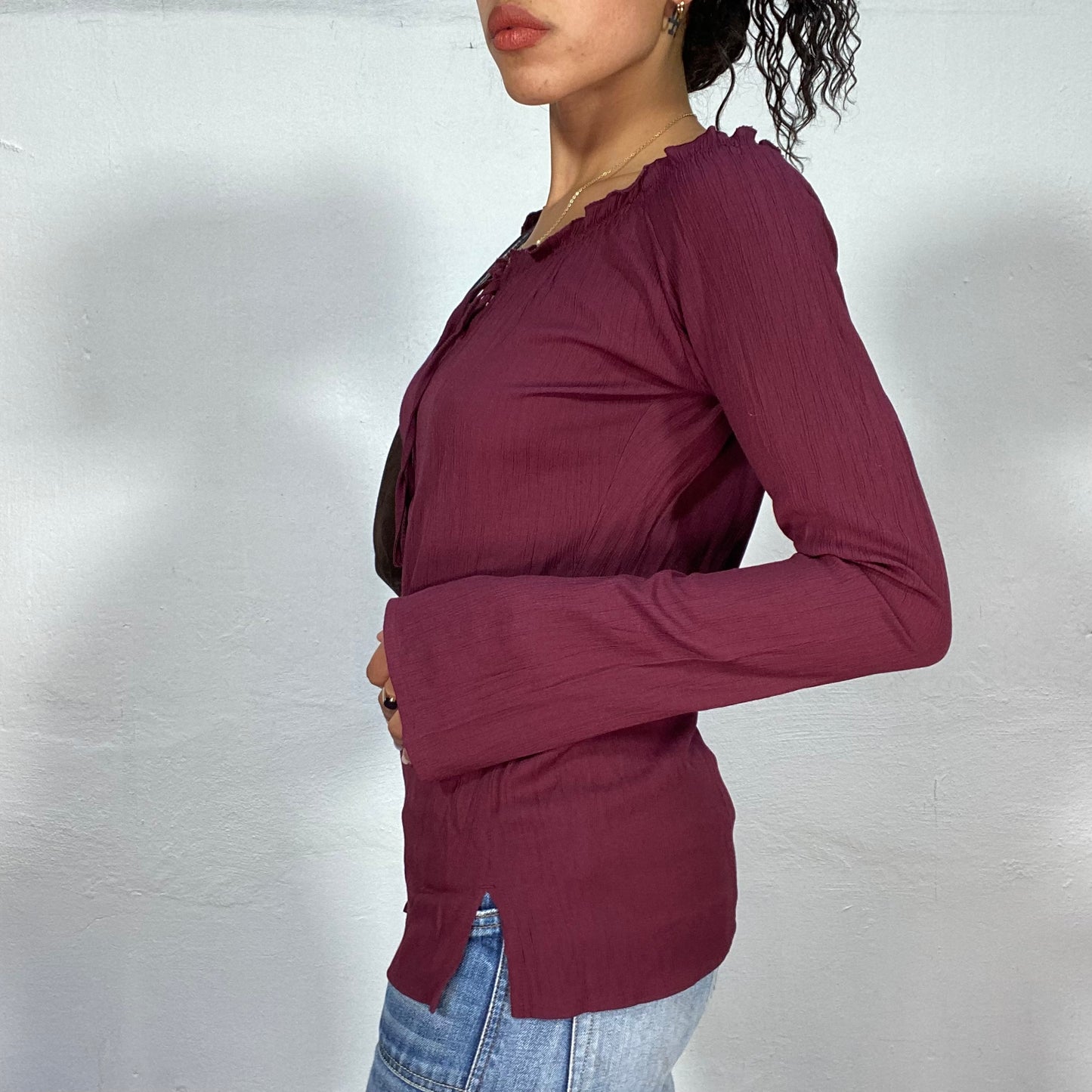 Vintage 2000's Vampy Wine Red Off-the-Shoulder Blouse with Elegant Lace-Up Closure (S/M)