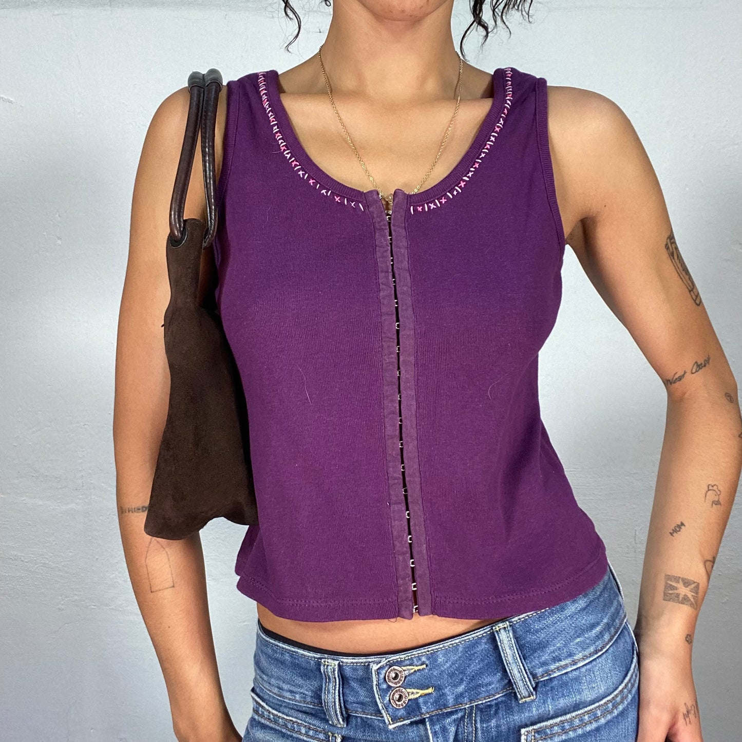 Vintage 2000's Purple Hook Closure Top with Pink Trim Line (S)