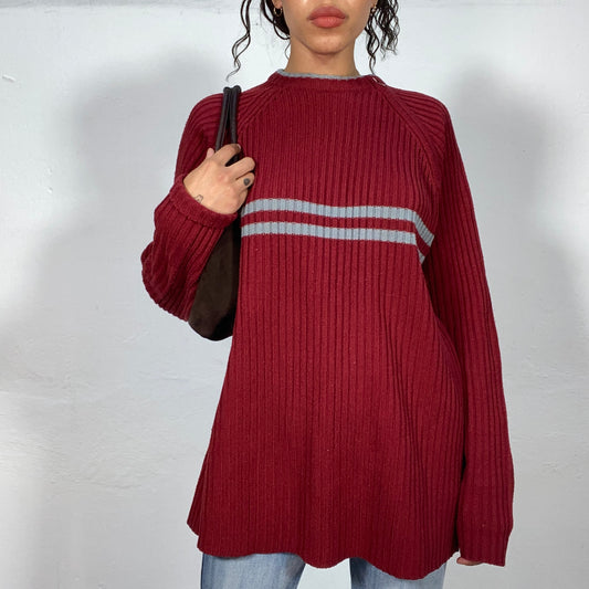 Vintage 90's Oversized Garnet Sweater with Grey Trim Detail and Shoulder Zipper (L)